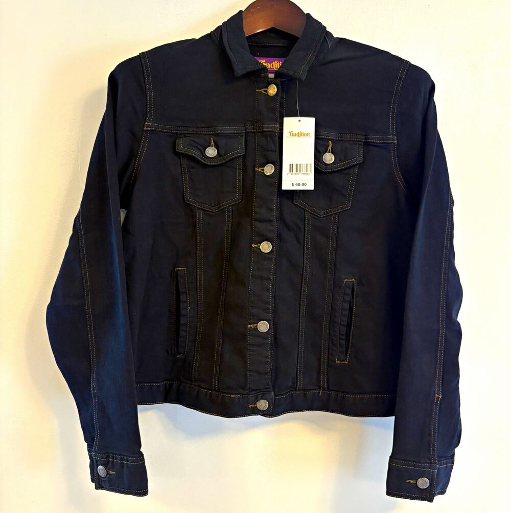 Tradition Women’s 1X Black Denim Jean Jacket NWT Cotton Trucker Plus Size